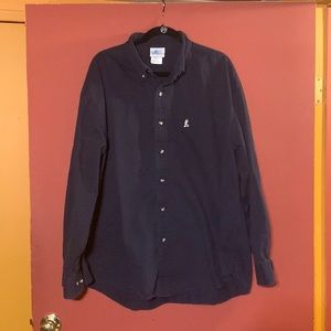 Navy blue long sleeve button down shirt with  Silver Mickey Mouse logo